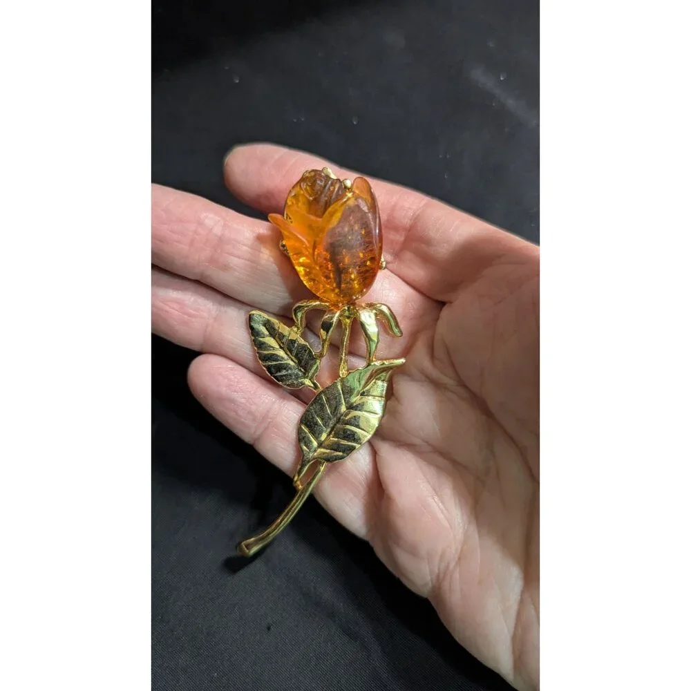 Vintage Amber Rose Gold‎ Tone Flower Brooch Elegant Pin Jewelry 3:
